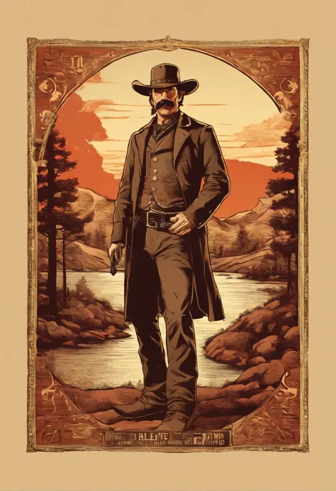 Full body picture of sheriff Curtis Malloy from Red Dead Redemption 2, detailed portrait, vintage illustration, high-res, realistic colors, intricate drawing, vibrant colors, dramatic lighting, full body shot, Nevada hat, nothing but mustache, full body fr...