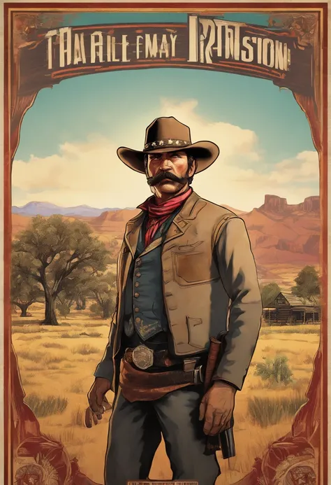 Full body picture of sheriff Curtis Malloy from Red Dead Redemption 2, detailed portrait, vintage illustration, high-res, realistic colors, intricate drawing, vibrant colors, dramatic lighting, full body shot, Nevada hat, nothing but mustache, full body fr...