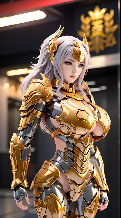 SILVER GOLDEN DRAGON QUEEN, HUGE BOOBS, MECHA HEAVY ARMOR, TRANSPARANT, STANDING, THICK BODY, MUSCLE ABS.