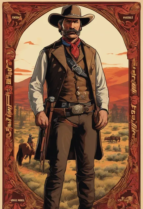 Full body picture of sheriff Curtis Malloy from Red Dead Redemption 2, detailed portrait, vintage illustration, high-res, realistic colors, intricate drawing, vibrant colors, dramatic lighting, full body shot, Nevada hat, nothing but mustache, full body fr...