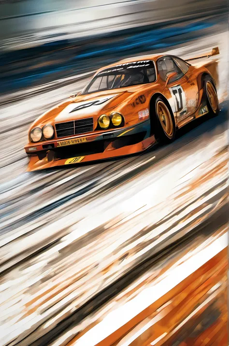 ((32k UHD cinematic art light studio)) Create an action-packed image of a 1990s racing car in a weathered, rusty orange color, captured in motion during a race. Use a worldwide motorsport circuit as the background to add authenticity and drama. Ensure that...