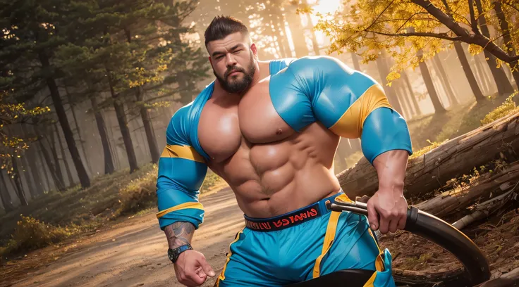 A Chinese firefighter，lightblue hair, short detailed hair, In the autumn woods，Sunset lights, Short beard perfect figure with tattoos, Very huge and strong body, Bulging muscles, musculous, Very large pectoral muscles，Very sexy abs，The legs are muscular，Ta...