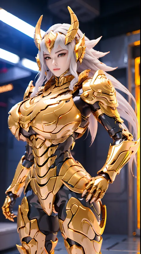 GOLDEN SILVER DRAGON QUEEN, HUGE BOOBS, MECHA HEAVY ARMOR, TRANSPARANT, STANDING, THICK BODY, MUSCLE ABS.