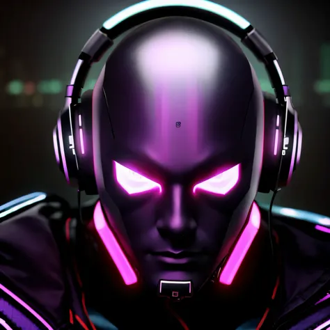 fones de ouvido roxos com notas musicais e um rosto brilhante, Cyber Songman, darksynth cyberpunk, Tema Cyberpunk, darksynth, sintetizador escuro, techno music, cybernatic, imagem Synthwave, electronic hardcore music, sintetizador cyberpunk, ((Synthwave)),...