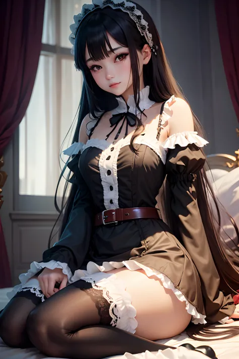 maid clothes、straight haired、A sexy、Glamour、perspiring、Gothic lolita、A slight smil、A sexy、Dark Gothic Makeup、put your hair up、bell sleeves、Wizard Sleeve、garterbelts、knee high socks、a bed、chies、Beautifying the world、Unhappy、17 age、long hair straight red、Lam...