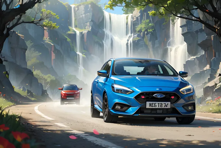 In a magical fantasy world, racers drive magical cars that look like the new BLUE FORD FOCUS ST MK4 2019 WITH A RED ST BADGE ON THE FRONT GRILLE and that can accelerate instantaneously, and the competition venue is a huge floating island. The track is surr...