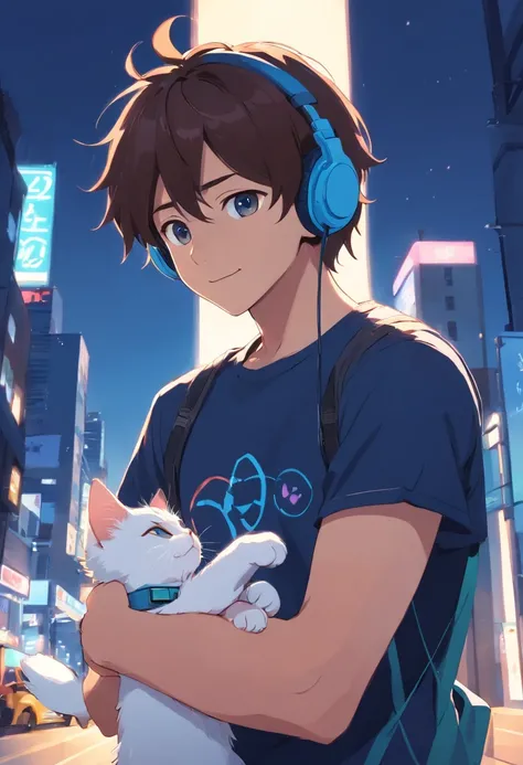 1 man looking at a kitten white，Boys with headphones，ssmile，The background is dark blue, Wearing Black T-shirt