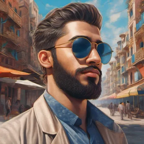 (best quality, highres, ultra-detailed), bearded Muslim man aged 24 years old with sunglasses, modern outfit, detailed facial features, cityscape, blue sky, sunny weather, vibrant colors, realistic lighting