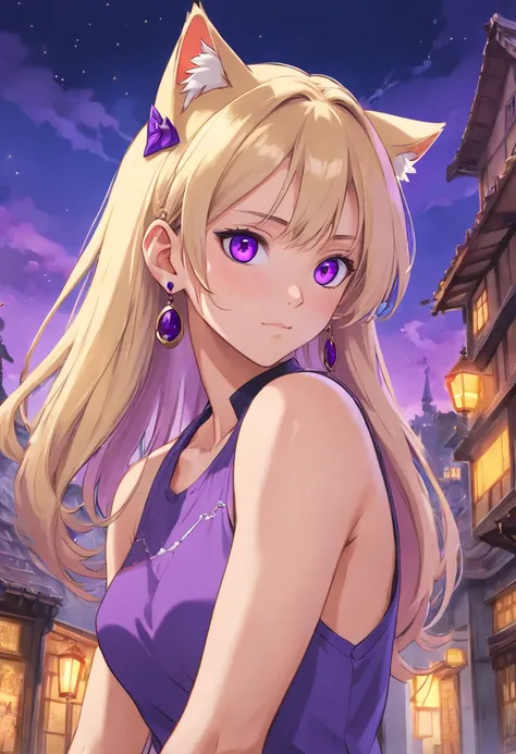 (best quality,ultra-detailed,realistic:1.37), tall and muscular man, cat ears, (purple eyes,purple detailed eyes), (HD|Ultra HD), earring on the ears, strong tattooed arms, long blond hair, gothic background, brave