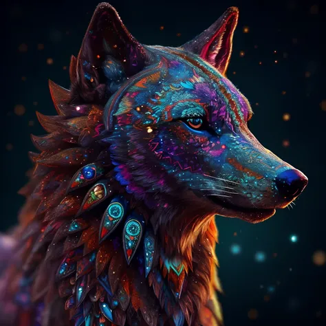 a close up of a wolf with a colorful pattern on its face, 8k high quality detailed art, highly detailed digital art, high detailed colors, highly detailed creature, high detailed digital art, digital art animal photo, detailed digital art, hyper detailed w...