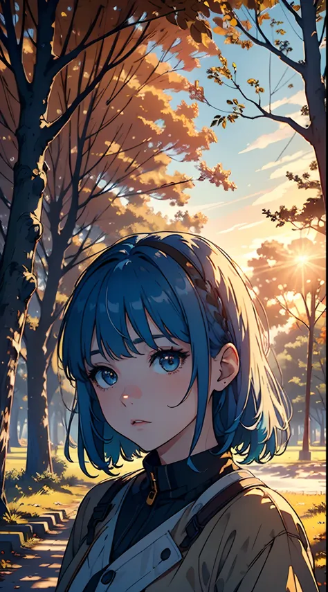 masterpiece, bestquality, a walking girl under a tree at the sunstet, trace lights, perfect light, cool lights, cozy, peace,autum, , golden sky,beautiful sky, trees, perfect face,close up, expressive eyes, soft expression, ((blue hair)), orange