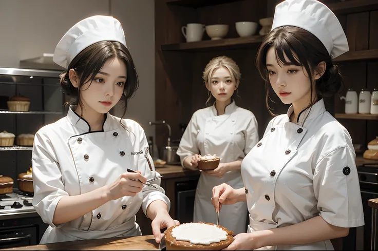 A elderly woman and a young woman cooking cakes, both have chef style white uniforms. The old woman is stiring mix in a bowl. The young is decorating a cake with cream. Equipment of a bakery behind them. Cinematic illumination.