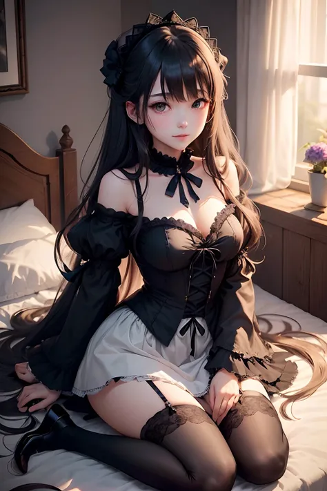 maid clothes、straight haired、A sexy、Glamour、perspiring、Gothic lolita、A slight smil、A sexy、Dark Gothic Makeup、put your hair up、bell sleeves、Wizard Sleeve、garterbelts、knee high socks、a bed、sky at night、Beautifying the world、Unhappy、age19、long-haired twin-tai...