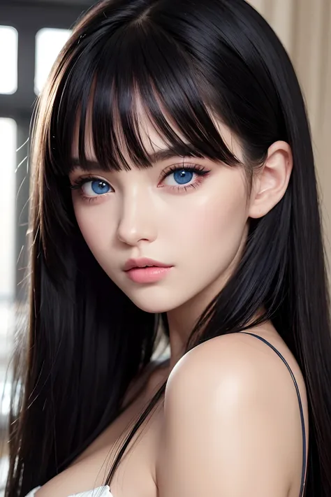 masterpiece, best quality, beautiful young woman, shiny blue eyes, (detailed pupils:1.2), eyelash, beautiful light black hair, streaked hair, multi color, medium hair, perfect face, detailed,