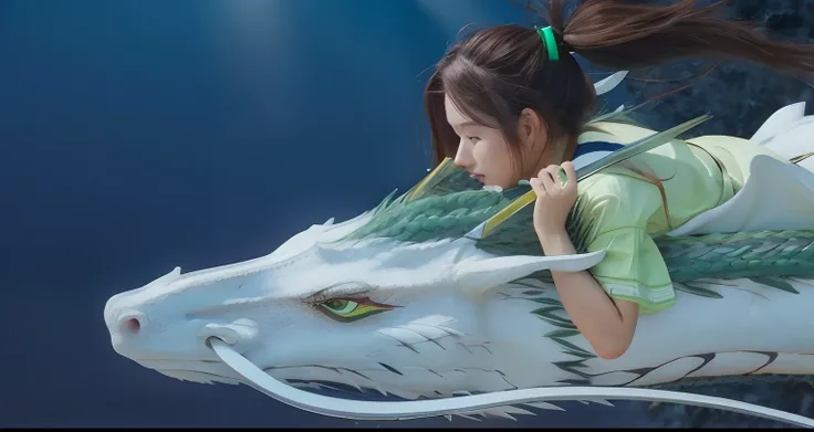 girl brown hair whit ponytail, white green stripe, white dragon