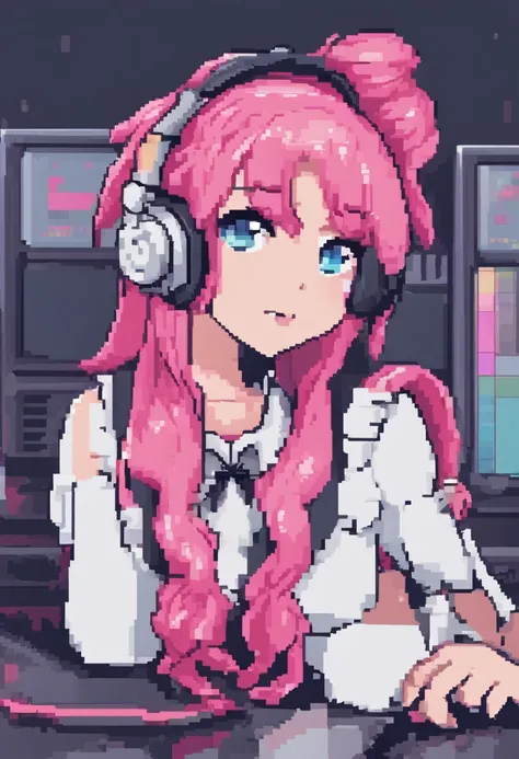 girl with pink hair, wearing headphones, wearing maid outfit, gamer girl