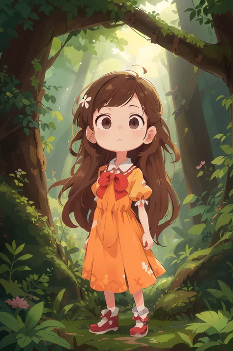 A cartoon girl in a dress standing in a forest, retrato da menina anime bonito, anime exuberante john 8k madeiras, arte digital detalhada bonito, retrato bonito da menina do anime, menina anime bonito, visual anime de uma menina bonito, retratos bonitos da...