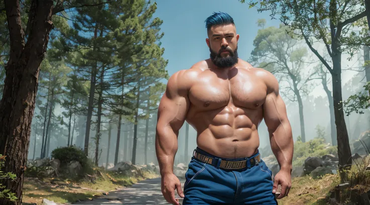 A Chinese firefighter，lightblue hair, short detailed hair, In the autumn woods，Sunset lights, Short beard perfect figure with tattoos, Very huge and strong body, Bulging muscles, musculous, Very large pectoral muscles，Very sexy abs，The legs are muscular，Ta...