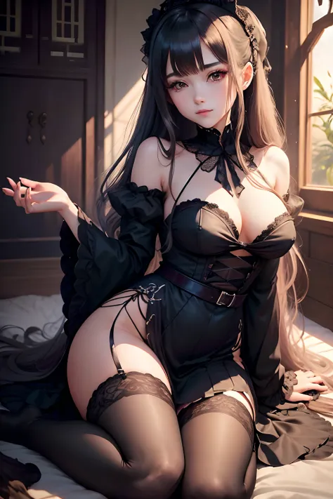 maid clothes、straight haired、A sexy、Glamour、perspiring、Gothic lolita、A slight smil、A sexy、Dark Gothic Makeup、put your hair up、bell sleeves、Wizard Sleeve、garterbelts、knee high socks、a bed、sky at night、Beautifying the world、Unhappy、age19、long-haired twin-tai...