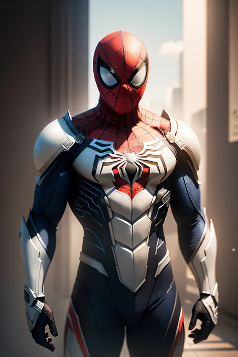 Spider-Man in white titanium armor, hdr, hyper HD, 6.40,000, highly  detailed, professional photoshooting：Sergio Nogueira, trending on artstationh, unreal-engine, Vivid colors, High-resolution scanning，cinmatic lighting + 35mm， photography of + bokeh + len...