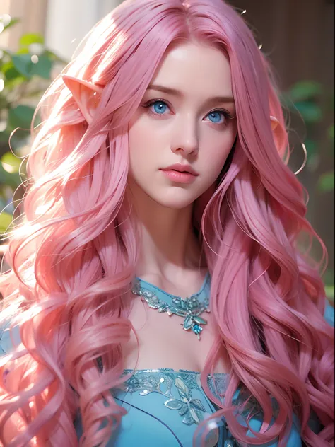 A woman, long curly hair, pink hair, blue eyes, elf,