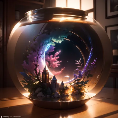 Dreamy art of glass、inside jar、Mysterious world、Spiral rainbow、fluffly、realisitic、a picture、In the sky、landscapes、Three-sided mirror、dream-like、art by、Colorful leaves and branches、Petals flounder、 Ultra-detailed photorealism by Greg Rutkowski - H 1024 W 80...