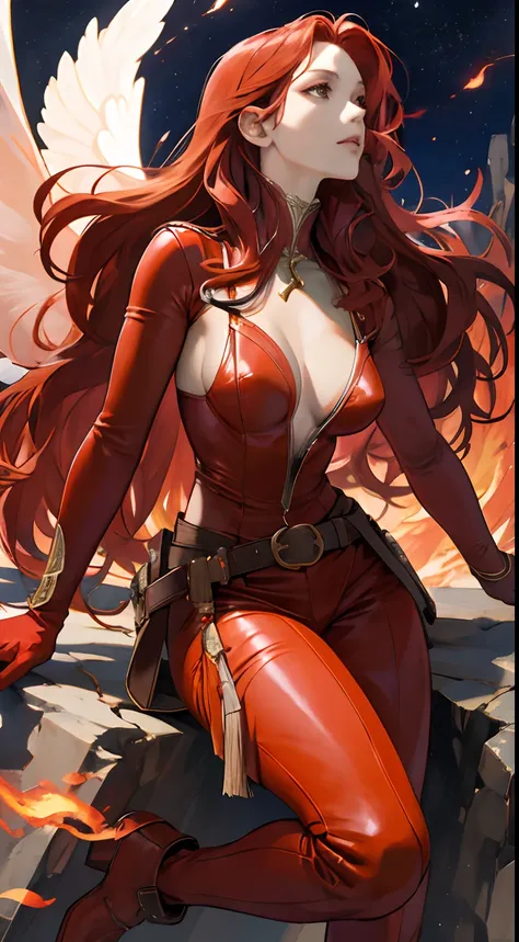 Beautuful Women，a cool，20th generation female，long red wavy hair，Red leather，body suit，gloves，heel，Mystical decoration，a belt，breastsout，Chest，realistic illustration，loimu，Big Flaming Wings，loimu，wingspan，angelicales，Cover the sky，multiple wings，Fantastic ...