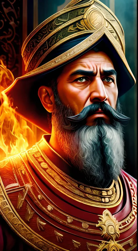 (best quality, highres, ultra-detailed, realistic:1.37) General Tarig Binzaya photo, Muslim leaders portrait, detailed facial features, intense gaze, strong expression, dark eyes, full beard, traditional headwear, magnificent fleet, warships with intricate...