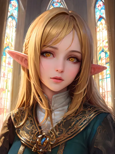 (realistic, painting style), mature, woman, elf, fantasy clothes, long hair, blonde hair, beautiful hair, yellow eyes, masterpiece, best quality, portrait, sharp eyes, realistic eyes, looking at viewer, illuminated church,