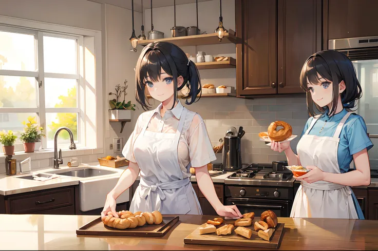 A smiling young girl and her mom, making pastries, home kitchen with big window, natural light, highly detailed.