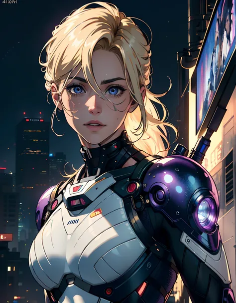 (best quality,4k,8k,highres,masterpiece:1.2), ultra-detailed, (realistic,photorealistic,photo-realistic:1.37), blonde hair, purple eyes, white cyberpunk suit, holding plasma cannon