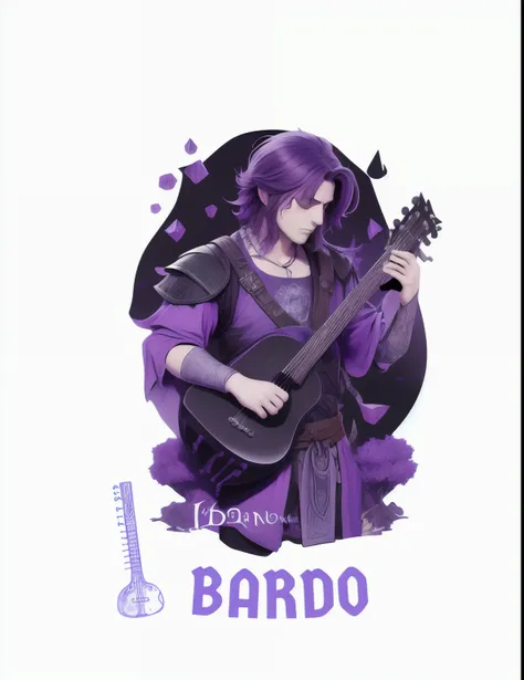 Menina de cabelo roxo com guitarra e vestido roxo com palavras, bardo, bardoo masculino, um bardoo humano, Parte Brando, bardoo tiefling, bardoo masculino sorridente, Danboru, fanart oficial, inspirado em Bartolomeo Cesi, Folha de caracteres Bard Jester, b...