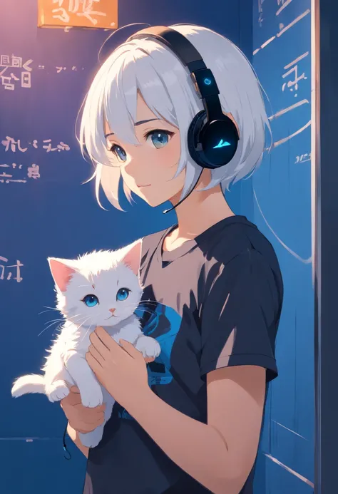 1 girl looking at a kitten white，girl with headphones，masker，The background is dark blue wall, Wearing Black T-shirt, white hair, photo studio