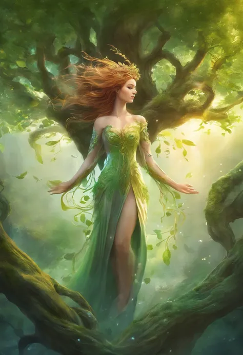 (best quality,4k,highres:1.2),ultra-detailed,realistic,artistic,arbomorph,woman,morphing into a leafy tree,roots as legs,branches like arms,leaves flying,white background,looking to viewers,organic textures,botanical beauty,nature-inspired,graceful transit...