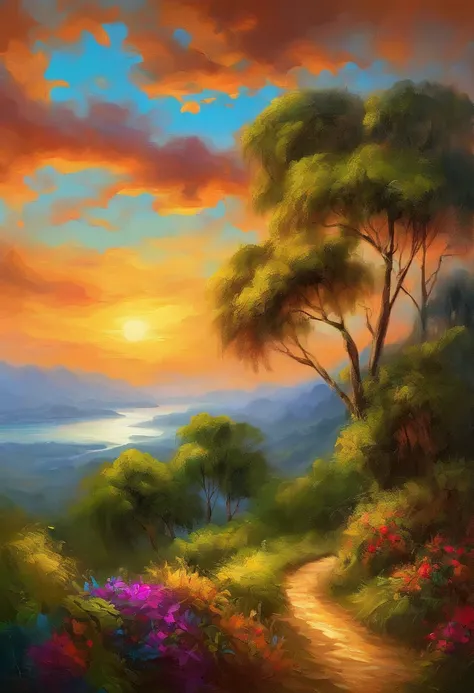 pintura de um rio que atravessa um vale verde exuberante com montanhas ao fundo, colinas fluidas, 8k resolution digital painting, 8k resolution digital painting, Pintura digital 4K, Pintura digital 4k, pintura digital detalhada, baixo detalhamento. pintura...