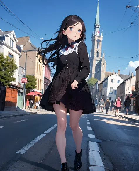 there is a woman in a short dress walking down the street, young beautiful amouranth, amouranth, belle delphine, profile pic, better known as amouranth, gothic city streets behind her, profile picture, in city street, full body! pretty face, full body cute...