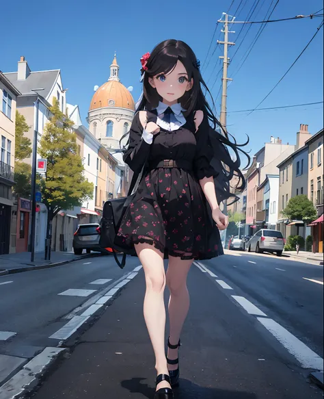 there is a woman in a short dress walking down the street, young beautiful amouranth, amouranth, belle delphine, profile pic, better known as amouranth, gothic city streets behind her, profile picture, in city street, full body! pretty face, full body cute...