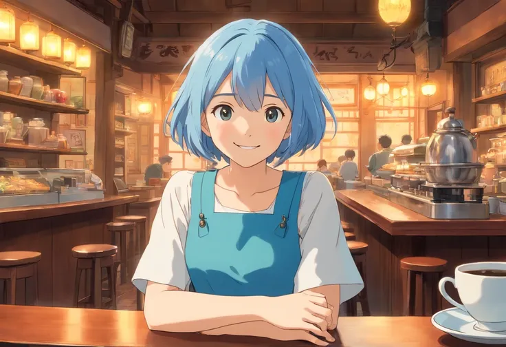 masutepiece, Best Quality, cinematic Film still from, 1 Adolescent women, a blue dress, frontage，a smile, Coffee on the desk, lightblue hair, short bob hairstyle, Im in a retro café，Background of details， 发光，A ray of light