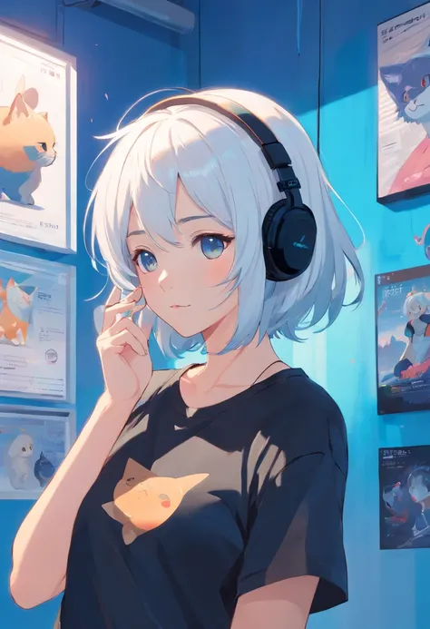 1 girl looking at a kitten white，girl with headphones，masker，The background is blue wall, Wearing Black T-shirt, white hair, photo studio,