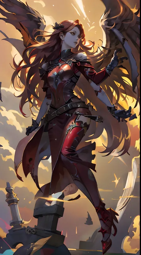 Beautuful Women，a cool，20th generation female，long red wavy hair，Red leather，body suit，gloves，heel，Mystical decoration，a belt，breastsout，Chest，realistic illustration，loimu，Big Flaming Wings，loimu，wingspan，angelicales，Cover the sky，multiple wings，Expressed ...