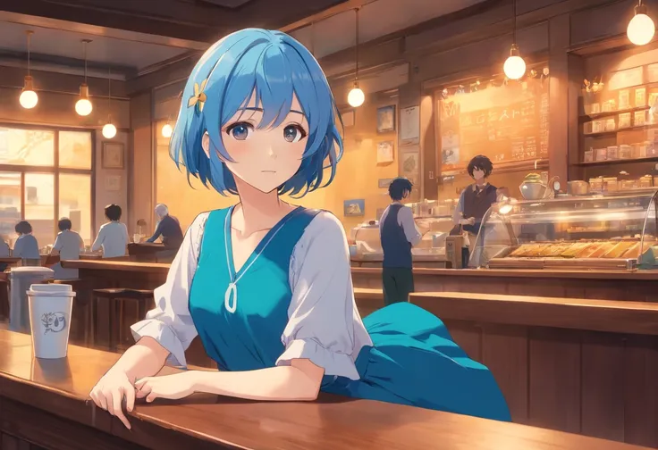 masutepiece, Best Quality, cinematic Film still from, 1 Adolescent women, a blue dress, frontage, Coffee on the desk, lightblue hair, short bob hairstyle, Im in a Western-style café，Background of details， 发光，A ray of light