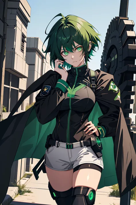 leges，mechanical leg，Black mechanical legs，Plump legs，Green gem setting，Anime girl standing gracefully on the ground，Black cape and green hair, rogue anime girl, Anime girl standing, Wearing a cloak on the blasted plain, asuka suit under clothes!, Cyborg g...