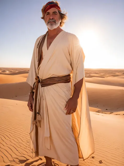 closeup portrait of a man in robes standing on a desert dune, lens flare, sandals, bandana