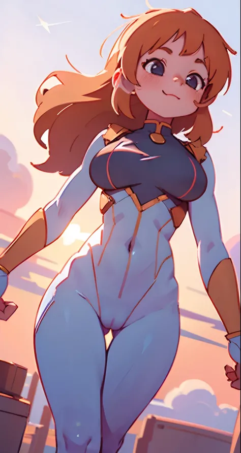 4k, masterpiece, best quality, movie still frame, 1girl, cloud girl, floating in the sky, close-up, bright, happy, warm soft lighting, sunset, (sparks:0.7), wide hips, perky breasts, thigh gap, perky breasts, cameltoe