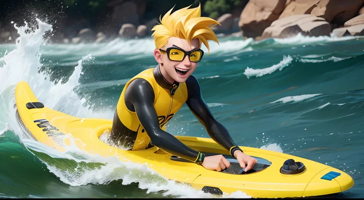 Man with yellow hair with quiff, wearing yellow glasses, with yellow wetsuit, playing in a river with a happy expression, pixar disney cartoon style