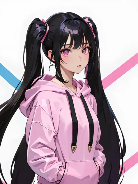 ((masterpiece, best quality)), (1girl), (solo), (female focus), (,black hair, long hair, twintail), pink eyes, ((pink hoodie)), portraits, close up, upper body, spring season background