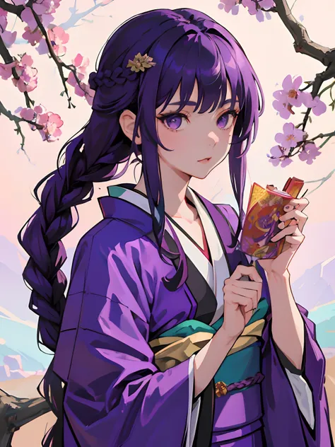 ((masterpiece, best quality)), (1girl), (solo), (female focus), (,dark purple hair, long hair, braided hair), purple eyes, ((purple kimono)), portraits, close up, upper body, spring season background