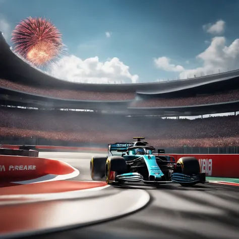 super cute Formula 1 podium, carro na pista, com publico no autodromo, with fireworks launch, carros parados na frente, with clear blue sky with very white clouds and sun, 3D rendering of,melhor qualidade