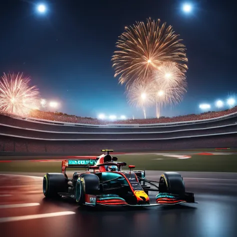 super cute Formula 1 podium, carro na pista, com publico no autodromo, with fireworks launch, carros parados na frente, with clear blue sky with very white clouds and sun, 3D rendering of,melhor qualidade