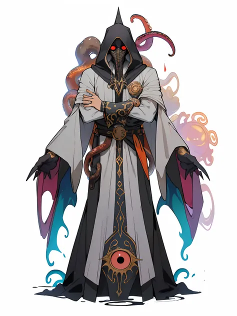 a drawing of a (((giant eye instead of head))) man in wizard robes, anthropomorphic, mage robe based on a toucan, dark god with six arms, (((tentacle arms))), clothed in ancient suit, anthropomorphic _ humanoid, (((ainz ooal gown))), anthropomorphic humano...